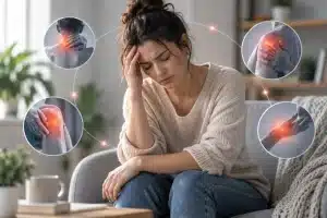 אישה יושבת על ספה ואוחזת בראשה, סביבה אזורי כאב בצוואר, בכתף, בברך ובשורש כף היד - כאב כרוני
